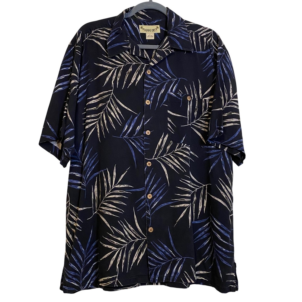 Paradise Coves Men Large Silk Hawaiian Shirt Navy Blue Palm Leaf Button Down